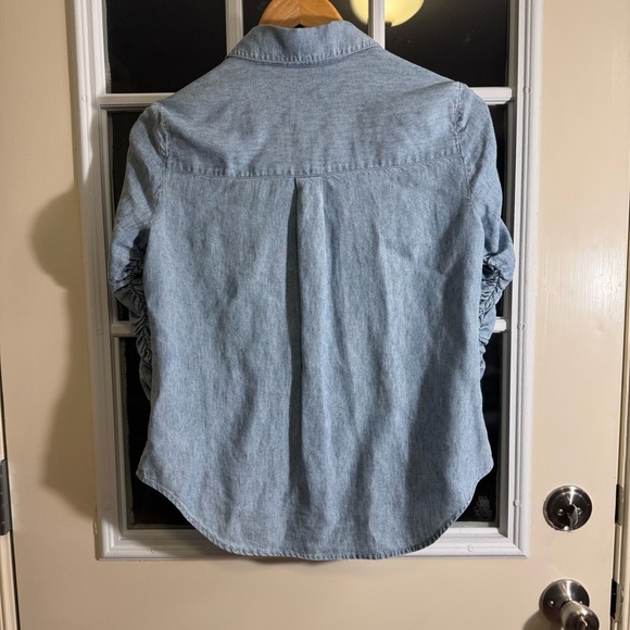 Veronica Beard Jeans Pearl Snap Shirt Chambray Ruched 3/4 Sleeves - Picture 9 of 11